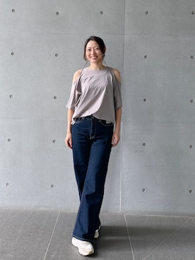 「Julier Yoga and Relax（ジュリエヨガアンドリラックス）のJulier ライトプライムオープンショルダープルオーバー（Tシャツ/カットソー、ベージュ系）」を使った、Julierさん（レディース・160cm）の夏コーディネート