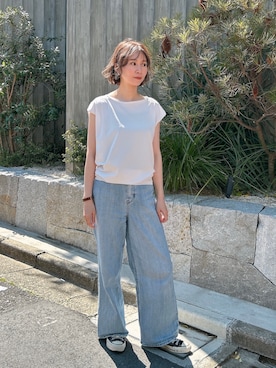 「Julier Yoga and Relax（ジュリエヨガアンドリラックス）のJulier (定番)Ecocoベア天竺チュニック（Tシャツ/カットソー、ホワイト系）」を使った、Julierさん（レディース・160cm）の夏コーディネート