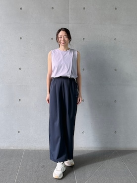 「Julier Yoga and Relax（ジュリエヨガアンドリラックス）のJulier ジェントルツイルギャザーパンツ（その他トップス、ブルー系）」を使った、Julierさん（レディース・170cm）の春コーディネート