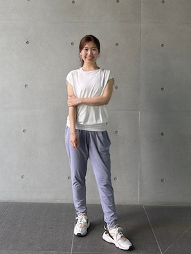 「Julier Yoga and Relax（ジュリエヨガアンドリラックス）のJulier (定番)Ecocoフレンチスリーブトップス（Tシャツ/カットソー、ホワイト系）」を使った、Julierさん（レディース・160cm）の夏コーディネート