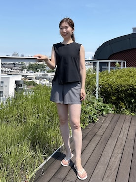 「Julier Yoga and Relax（ジュリエヨガアンドリラックス）のJulier ニュープライム２wayプルオーバー（その他トップス、ブラック系）」を使った、Julierさん（レディース・160cm）の夏コーディネート