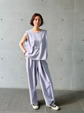 「Julier Yoga and Relax（ジュリエヨガアンドリラックス）のJulier ジェントルツイルギャザーパンツ（その他トップス、パープル系）」を使った、Julierさん（レディース・170cm）の春コーディネート