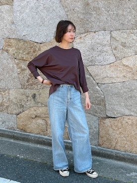 「Julier Yoga and Relax（ジュリエヨガアンドリラックス）のJulier Ecocoハーフスリーブプルオーバー（Tシャツ/カットソー、ブラウン系）」を使った、Julierさん（レディース・160cm）の夏コーディネート