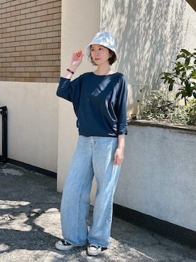 「Julier Yoga and Relax（ジュリエヨガアンドリラックス）のJulier (定番)ライトプライム ハーフスリーブプルオーバー（Tシャツ/カットソー、ブルー系）」を使った、Julierさん（レディース・160cm）の夏コーディネート