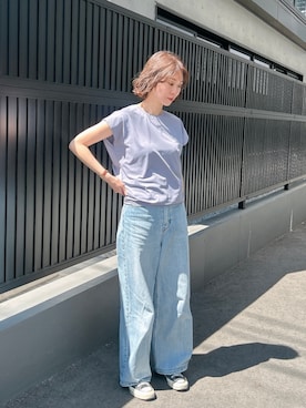「Julier Yoga and Relax（ジュリエヨガアンドリラックス）のJulier (定番)Ecocoベア天竺チュニック（Tシャツ/カットソー、パープル系）」を使った、Julierさん（レディース・160cm）の夏コーディネート