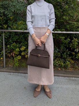 「MICO COULIER（ミコクリエ）のスーパーストレッチ ラメリブローネックプルオーバーニット（ニット/セーター）」を使った、ayumiさん（レディース・158cm）の秋コーディネート