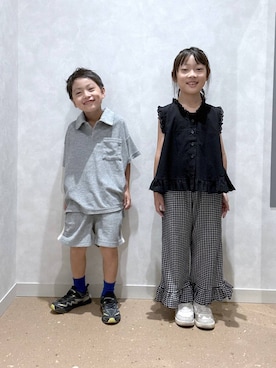 「LOWRYS FARM（ローリーズファーム）のチェックスソフリルパンツ　1051090（その他パンツ、ブラック系）」を使った、noji0909さん（レディース）の夏コーディネート