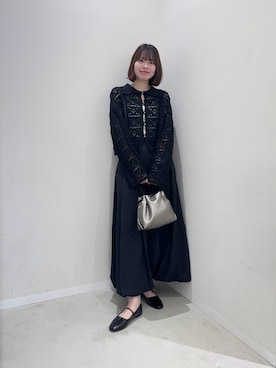 「SENSE OF PLACE by URBAN RESEARCH（センスオブプレイスバイアーバンリサーチ）の『洗濯可』レースアミエリツキニットカーディガン（カーディガン/ボレロ、ブラック系）」を使った、向日葵さん（レディース・163cm）の春コーディネート