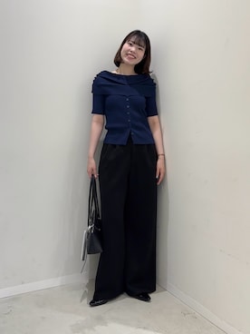 「SENSE OF PLACE by URBAN RESEARCH（センスオブプレイスバイアーバンリサーチ）の『洗濯可』オフショルリブセーター(半袖)（ニット/セーター、ブルー系）」を使った、向日葵さん（レディース・163cm）の春コーディネート