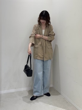 「SENSE OF PLACE by URBAN RESEARCH(センスオブプレイスバイアーバンリサーチ)の『接触冷感』シアーストライプテーラードジャケット(テーラードジャケット、ベージュ系)」を使った、向日葵さん(レディース・163cm)の夏コーディネート
