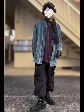 「アイテム（キャップ、グレー系）」を使った、piramoさん（メンズ・170cm）の冬コーディネート