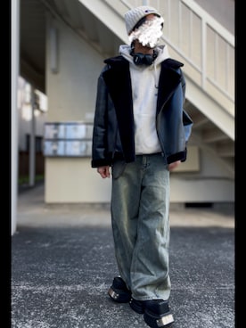 「アイテム（ライダースジャケット）」を使った、piramoさん（メンズ・170cm）の冬コーディネート