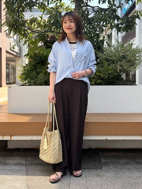 「NOLLEY’S Sophi（ノーリーズソフィ）のシルケット天竺衿配色ロゴTシャツ（Tシャツ/カットソー、ホワイト系）」を使った、miyuさん（レディース・159cm）の夏コーディネート