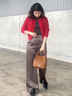 「ROPE'（ロペ）のコンフォートリブハーフスリーブカットソー(5分袖)/イージーケア・接触冷感（Tシャツ/カットソー、ブラウン系）」を使った、Mさん（レディース・161cm）の春コーディネート