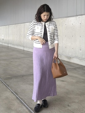 「ROPE'（ロペ）のコンフォートリブハーフスリーブカットソー(5分袖)/イージーケア・接触冷感（Tシャツ/カットソー、ブラウン系）」を使った、Mさん（レディース・161cm）の春コーディネート