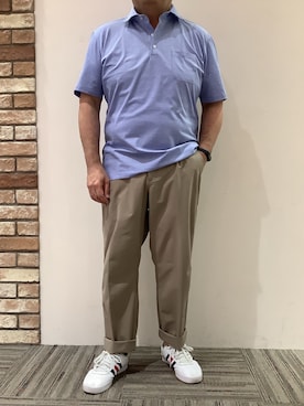 「TOKYO SHIRTS（トウキョウシャツ）のビズポロ クールタッチコットン 綿100% 半袖ポロシャツ（ポロシャツ、ブルー系）」を使った、BRICK HOUSE シャツ工房 京都イオンモール店さん（メンズ・169cm）の夏コーディネート