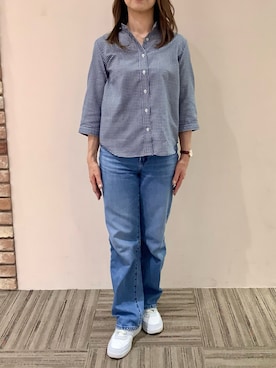 「TOKYO SHIRTS（トウキョウシャツ）の【Pitta Re:)】ふわっとガーゼシャツ レギュラーシルエット 七分袖 綿100% レディース カジュアルシャツ（シャツ/ブラウス、ブルー系）」を使った、BRICK HOUSE シャツ工房 京都イオンモール店さん（メンズ・169cm）の春コーディネート