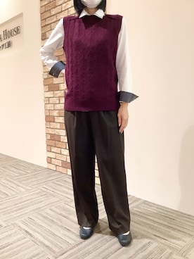 「アイテム（ベスト、パープル系）」を使った、BRICK HOUSE シャツ工房 京都イオンモール店さん（レディース・160cm）の秋コーディネート
