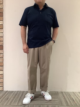 「TOKYO SHIRTS（トウキョウシャツ）のビズポロ クールタッチコットン 綿100% 半袖ポロシャツ（ポロシャツ、ブルー系）」を使った、BRICK HOUSE シャツ工房 京都イオンモール店さん（メンズ・169cm）の夏コーディネート