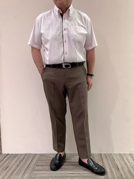 「TOKYO SHIRTS（トウキョウシャツ）の【超形態安定】【吸水速乾】 形態安定ノンアイロン ボタンダウン 半袖ビジネスワイシャツ（ビジネスシャツ、ピンク系）」を使った、BRICK HOUSE シャツ工房 京都イオンモール店さん（メンズ・169cm）の夏コーディネート