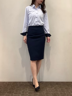 「TOKYO SHIRTS（トウキョウシャツ）の【Disney ディズニー】 形態安定ノンアイロン ワイド 長袖ビジネスワイシャツ（ビジネスシャツ、ブルー系）」を使った、BRICK HOUSE by Tokyo Shirts 宮原ステラタウン店さん（レディース・166cm）の春コーディネート