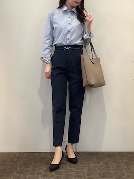 「TOKYO SHIRTS（トウキョウシャツ）の【くまのプーさん】形態安定ノンアイロン ラウンド 長袖ビジネスワイシャツ（ビジネスシャツ、ブルー系）」を使った、BRICK HOUSE by Tokyo Shirts 宮原ステラタウン店さん（レディース・166cm）の春コーディネート