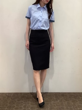 「TOKYO SHIRTS（トウキョウシャツ）の【吸水速乾】 形態安定ノンアイロン ワイド 半袖ビジネスワイシャツ（ビジネスシャツ、ブルー系）」を使った、BRICK HOUSE by Tokyo Shirts 宮原ステラタウン店さん（レディース・166cm）の夏コーディネート