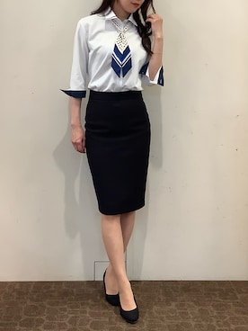 「TOKYO SHIRTS（トウキョウシャツ）の【透け防止】 形態安定ノンアイロン ワイド 7分袖ビジネスワイシャツ（ビジネスシャツ、グリーン系）」を使った、BRICK HOUSE by Tokyo Shirts 宮原ステラタウン店さん（レディース・166cm）の夏コーディネート