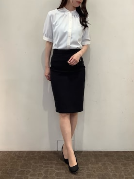 「TOKYO SHIRTS（トウキョウシャツ）の【吸水速乾】【COFREX】配色 ギャザー衿 ブラウス 五分袖 レディースデザインシャツ（シャツ/ブラウス、ブルー系）」を使った、BRICK HOUSE by Tokyo Shirts 宮原ステラタウン店さん（レディース・166cm）の夏コーディネート