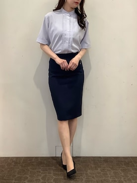 「TOKYO SHIRTS（トウキョウシャツ）の【吸水速乾】【COFREX】スタンド衿 ピンタック ブラウス 五分袖 レディースデザインシャツ（シャツ/ブラウス、ブルー系）」を使った、BRICK HOUSE by Tokyo Shirts 宮原ステラタウン店さん（レディース・166cm）の夏コーディネート