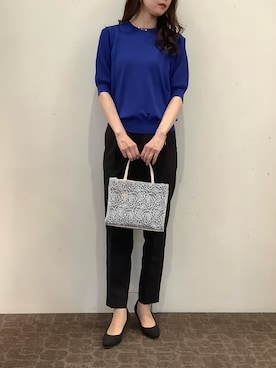 「TOKYO SHIRTS（トウキョウシャツ）のドライレーヨン 半袖 袖透かしプルオーバー（ニット/セーター、ブルー系）」を使った、BRICK HOUSE by Tokyo Shirts 宮原ステラタウン店さん（レディース・166cm）の夏コーディネート