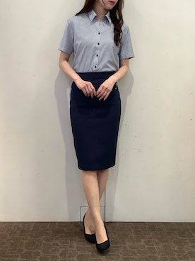 「TOKYO SHIRTS（トウキョウシャツ）の【吸水速乾】【COFREX】形態安定ノンアイロン スキッパー 半袖ビジネスワイシャツ（ビジネスシャツ、ブルー系）」を使った、BRICK HOUSE by Tokyo Shirts 宮原ステラタウン店さん（レディース・166cm）の夏コーディネート