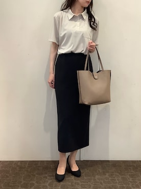 「TOKYO SHIRTS（トウキョウシャツ）の半袖ポロシャツ レディース（ビジネスシャツ、ベージュ系）」を使った、BRICK HOUSE by Tokyo Shirts 宮原ステラタウン店さん（レディース・166cm）の夏コーディネート