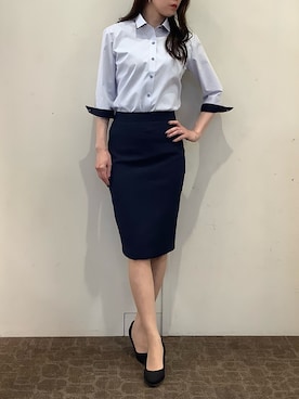 「TOKYO SHIRTS（トウキョウシャツ）の【透け防止】 形態安定ノンアイロン ワイド 7分袖ビジネスワイシャツ（ビジネスシャツ、ブルー系）」を使った、BRICK HOUSE by Tokyo Shirts 宮原ステラタウン店さん（レディース・166cm）の夏コーディネート