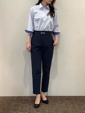 「TOKYO SHIRTS（トウキョウシャツ）の【透け防止】 形態安定ノンアイロン ワイド 7分袖ビジネスワイシャツ（ビジネスシャツ、ブルー系）」を使った、BRICK HOUSE by Tokyo Shirts 宮原ステラタウン店さん（レディース・166cm）の夏コーディネート