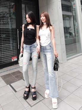 「GYDA（ジェイダ）のGGプレートチョーカーベアトップス（Tシャツ/カットソー、ホワイト系）」を使った、miiaさん（レディース・160cm）の春コーディネート