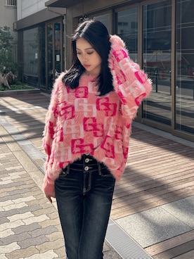 「GYDA（ジェイダ）のGG PATTERN MIXシャギーニットトップス（ニット/セーター、ピンク系）」を使った、miiaさん（レディース・160cm）の春コーディネート