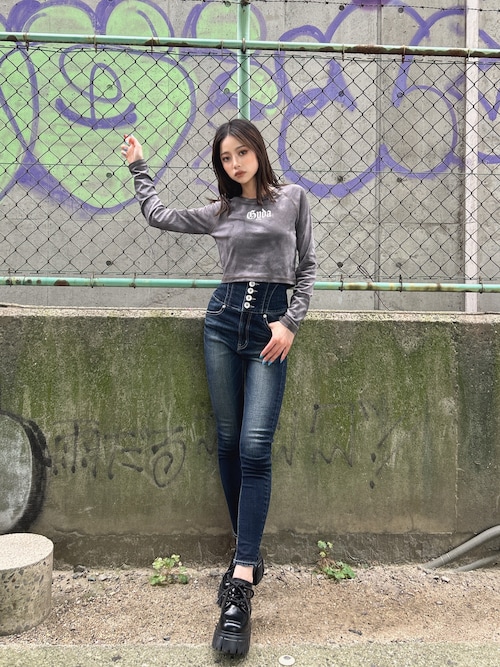 ハイウエスト STUPID IN RICH embroideryスキニーデニムパンツ