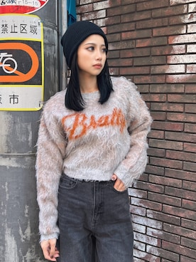 「GYDA（ジェイダ）のBRATTY MOHAIR LIKEショートニットトップス（ニット/セーター）」を使った、miiaさん（レディース・160cm）の秋コーディネート