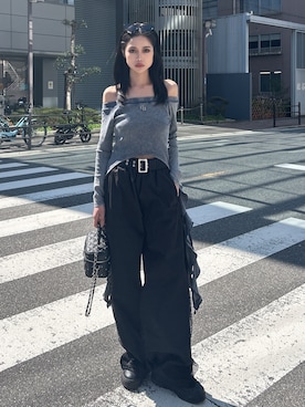 「GYDA（ジェイダ）のLEOPARDウエストDRAPE EDGEパンツ（その他パンツ、ブラック系）」を使った、miiaさん（レディース・160cm）の春コーディネート