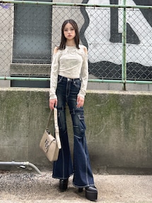 ハイウエスト strap cargo designフレアデニムパンツ｜ジェイダ（GYDA