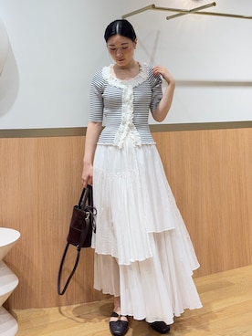 「LAGUNAMOON（ラグナムーン）のリブフリルハーフスリーブカーデニットプルオーバー 【春服】【オフィスカジュアル】（ニット/セーター、その他）」を使った、RUNA ONISHIさん（レディース・163cm）の春コーディネート