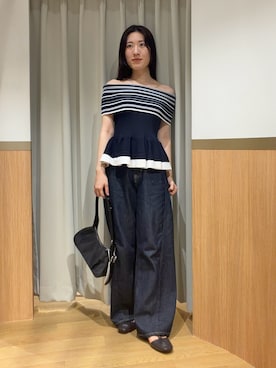 「LAGUNAMOON（ラグナムーン）の【Leeコラボ】セミワイドベルトデニムパンツ（デニムパンツ、ブルー系）」を使った、RUNA ONISHIさん（レディース・163cm）の夏コーディネート