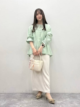 「WA ORiental TRaffic（ダブルエーオリエンタルトラフィック）の2way リボン モチーフ ヒール パンプス /62112（パンプス、グリーン系）」を使った、sakiさん（162cm）の春コーディネート