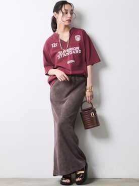 「CHIC STYLE（シックスタイル）の【セットアップ対応】ヴィンテージ加工サーマルロングスカート＜大きいサイズ有＞シックスタイル（スカート、ブラウン系）」を使った、ZOZO_SMILELAND_STAFFさん（レディース・163cm）の春コーディネート