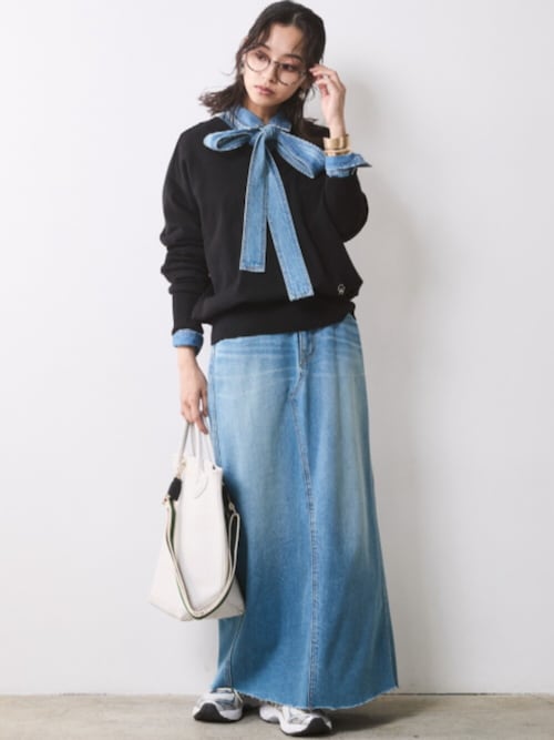 綿100％ライトオンスデニムリボンタイ付シャツ ＜大きいサイズ有