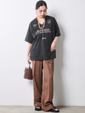 「CHIC STYLE（シックスタイル）のレーヨン麻リラックスワイドパンツ＜大きいサイズ有＞シックスタイル（スラックス、ブラウン系）」を使った、ZOZO_SMILELAND_STAFFさん（レディース・163cm）の春コーディネート