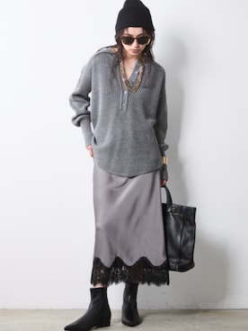 「CHIC STYLE（シックスタイル）の畦編みヘンリーネックニットプルオーバー＜大きいサイズ有＞シックスタイル（ニット/セーター、グレー系）」を使った、ZOZO_SMILELAND_STAFFさん（レディース・163cm）の秋コーディネート