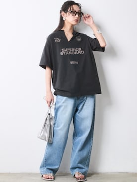 「CHIC STYLE（シックスタイル）の綿100％ワイドルーズデニムパンツ＜大きいサイズ有＞シックスタイル（デニムパンツ、ブルー系）」を使った、ZOZO_SMILELAND_STAFFさん（レディース・163cm）の春コーディネート