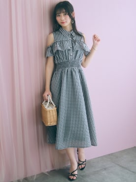 大きいサイズ＞シアーチェックオープンショルダーシャツワンピース